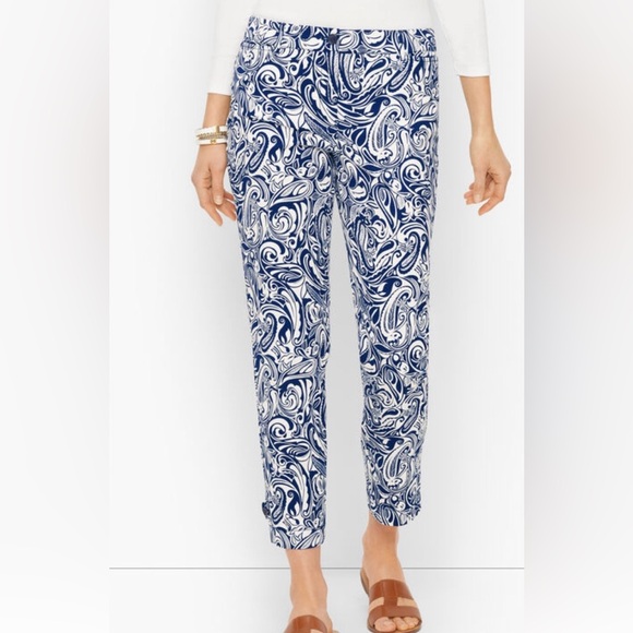 Talbots Pants - Talbots Perfect Crop Navy & White Paisley Print Stretch Pants Women’s 14 Petite